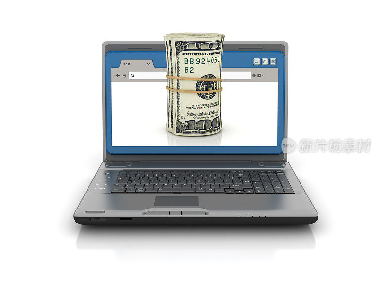 电脑笔记本电脑与网络浏览器和美元钞票滚动- 3D渲染